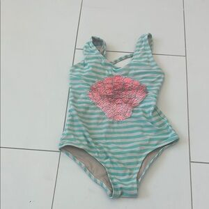Shade critters Striped Swimsuit with Pink Shell Design 5T turquoise